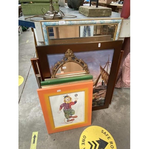 420 - Gilt framed mirror, Cyril Kent watercolour, pastel of terriers, 3 clown pictures, signed R.W. Sayle ... 