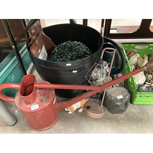 374 - 2 Plastic garden planters. large Haws No. 4 metal watering can, large collection of garden ornaments... 