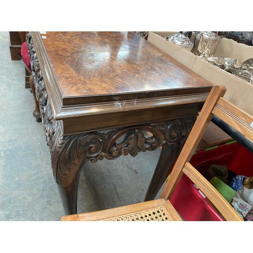 415 - Burr walnut carved console table on paw feet (80H 108W 47D cm) (some veneer as found)