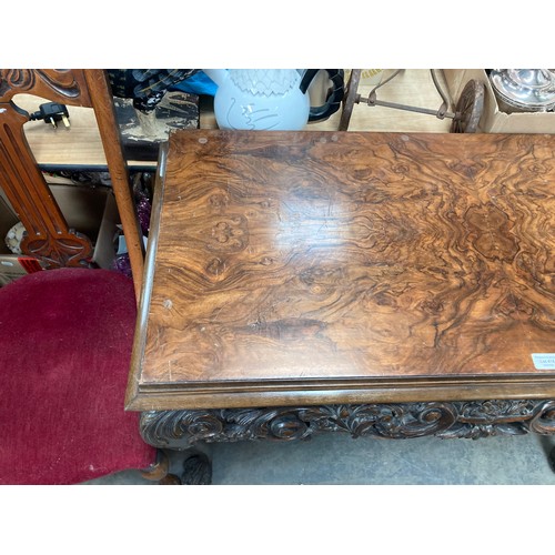 415 - Burr walnut carved console table on paw feet (80H 108W 47D cm) (some veneer as found)