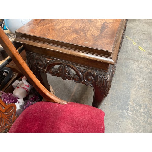 415 - Burr walnut carved console table on paw feet (80H 108W 47D cm) (some veneer as found)