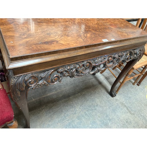 415 - Burr walnut carved console table on paw feet (80H 108W 47D cm) (some veneer as found)