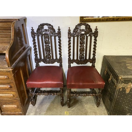 Pair of Victorian oak barley twist hall chairs