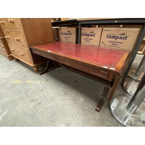 1 - Mahogany red leather topped sofa table (43H 154W 54D cm)