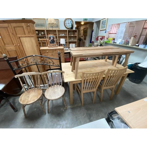 20 - Beech kitchen table (77H 160W 94D cm), 2 benches (46H 120W 30D cm), pair of beech kitchen chairs & 2... 