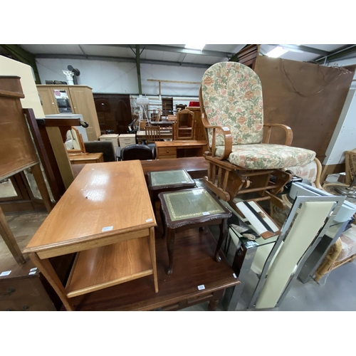 57 - Oak rocking chair, 2 mahogany occasional tables (42H 30W 33D cm) & oak coffee table (50H 90W 46D cm)
