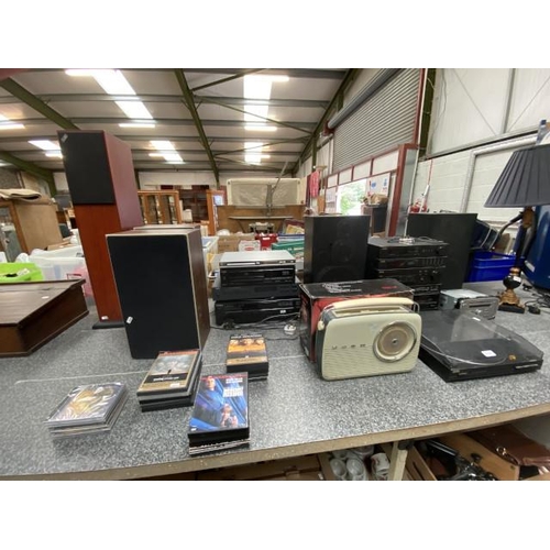 Boxed Bush vintage style radio, Ford in car audio system (FDC200) Solavox model HP170 speakers, NAD compac disc player C540, Sony compact disc player CDP-C345, 1 acoustic energy 100 series model AE105 speaker, Aiwa random programme access system DX-M78, synthised tuner, graphic equaliser, stereo intergrated amplifier surround system, stereo component system CX-78, stereo turntable PX-E88, pair of Aiwa speakers model no. SX-78A, collection of DVDs etc (all sold as seen)