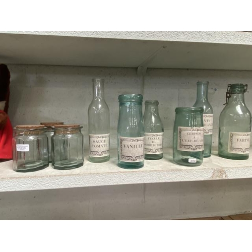 6 French glass bottles/storage jars & 3 glass cork lidded storage jars