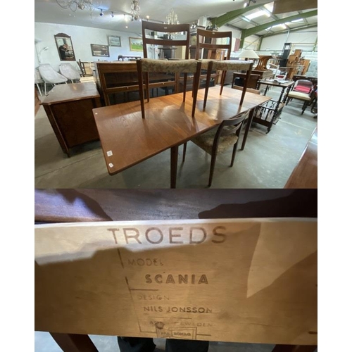 143 - Mid-century Mils Jonsson Troedes Scania Swedish extending dining table with 2 leaves (74H 200W 85D c... 