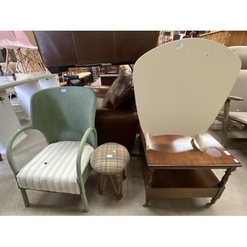 167 - Lloyd Loom style bedroom chair & mid-century teak upholstered stool on hair pin legs