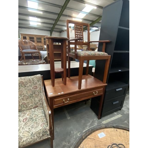 67 - Oak single drawer side table (77H 93W 50D cm), matching lamp table & oak lattice back carver chair