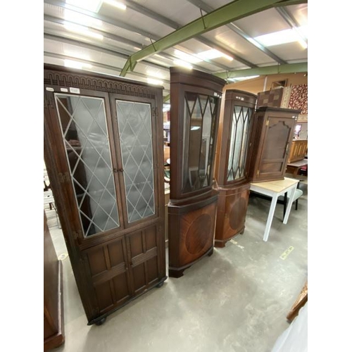 25 - Oak corner cupboard (166H 69W 35D cm), 2 mahogany corner cupboards (182H 60W 38D & 180H 66W 46D cm) ... 