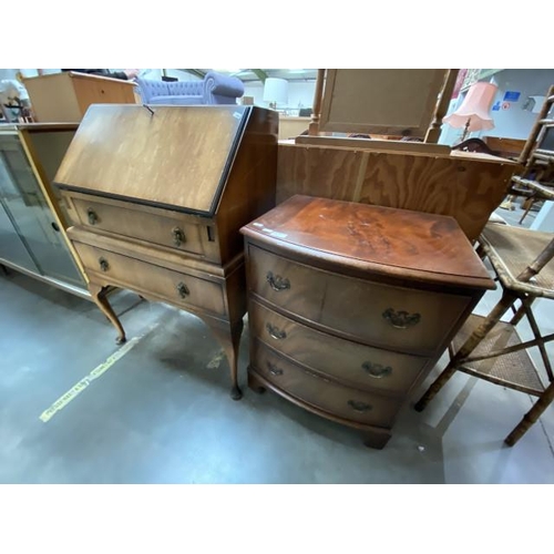 30 - Walnut bureau (100H 69W 42D cm) with 1 key & mahogany 3 drawer bow front chest (74H 55W 44D cm)