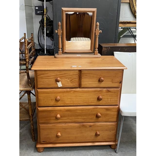 32 - Pine 2 over 3 chest of drawers (91H 85W 44D cm) & pine dressing table mirror