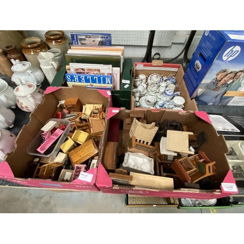 425 - 3 Boxes of dolls house furniture & miniature part tea sets & 1 box of dolls house books inc. Millers... 