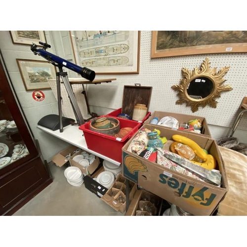 438 - Tasco Galaxsee telescope on tripod (tripod sold as seen), wicker corner laundry basket, 4 boxes cont... 