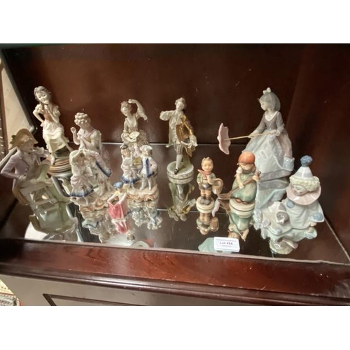 455 - 2 Dresden figurines, Lladro clown figurine, Lladro girl with parasol figurine, 2 Goebel figurines (1... 