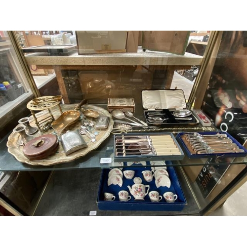 471 - Shelf of collectables inc. brass trivet, leather John Rabone & Sons measure, pewter hip flask, cutle... 