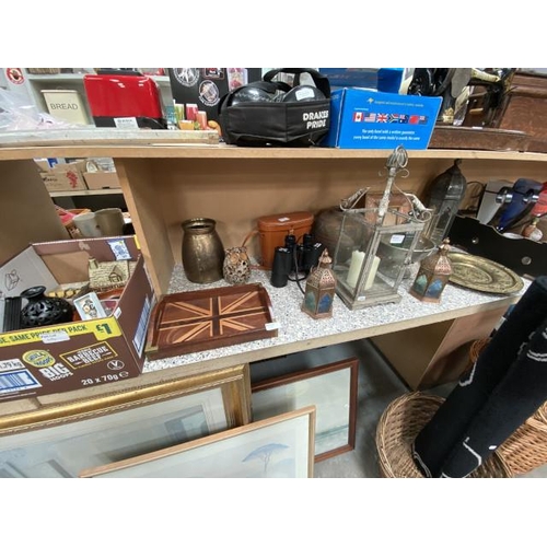 474 - Collection of lanterns, cased Zenith 10x50 binoculars, collectors spoons, Union Jack serving tray, c... 