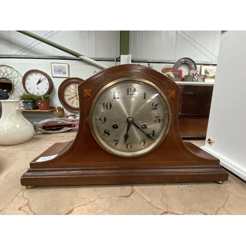 483 - Mahogany inlaid Napoleon mantle clock with pendulum & key ** KEY IN JEWELLERY CABINET **