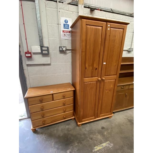 49 - Pine 2 over 3 chest of drawers (75H 86W 38D cm) & pine 2 door wardrobe (187H 85W 55D cm)