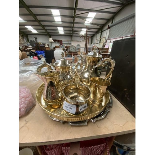 493 - 5 Piece plated tea set on galleried serving tray with 2 additional electro plated pieces