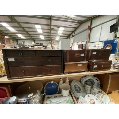 494 - Antique watch makers chest (23H 45W 21D cm), burr walnut caddy, marquetry inlaid jewellery box, pear... 