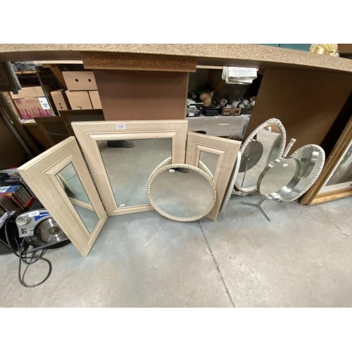 506 - 2 Triptych dressing table mirrors, cream framed circular mirror & stainless steel retro shaving bath... 