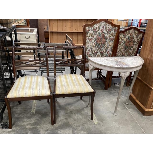 67 - Pair of mahogany dining chairs & Demi Lune hall table (74H 74W 38D cm)