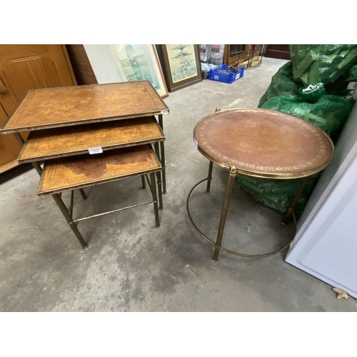 72 - Brass nest of 3 tables with leather tops (45h x 53w x 38d cm) (leather as found) & matching circular... 