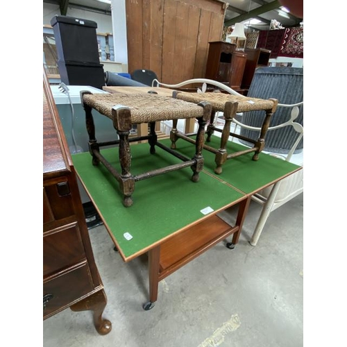 99 - 2 Vintage stools & fold over teak card table (63h x 66w x 90d cm)