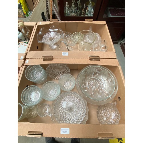 458 - 3 Boxes of mixed glassware inc. pressed & cut glass & 5 boxes of part tea sets inc. Paragon Elegance... 