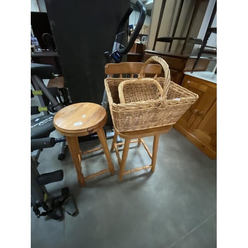 208 - Pine stool, pine bar stool & 2 wicker baskets