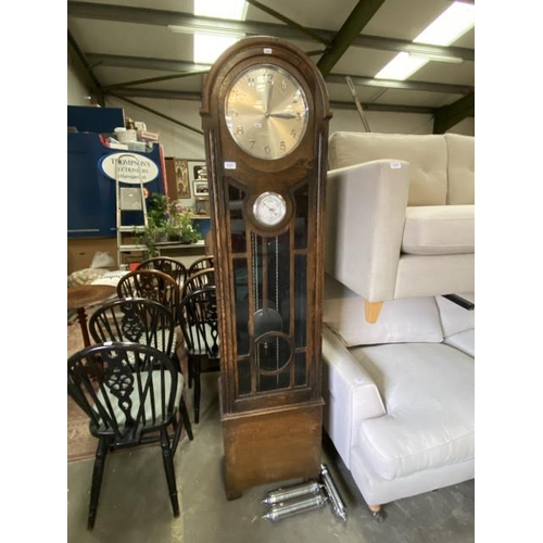 221 - Art Deco oak grandfather clock with pendulum & 3 weights (192H 48W 30D cm)