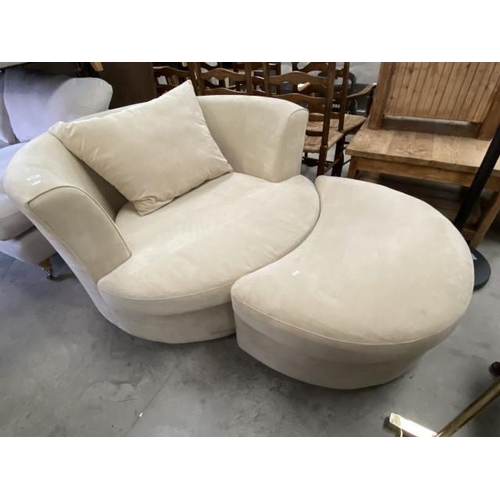 224 - Cream suede cuddle chair & footstool (130W cm)