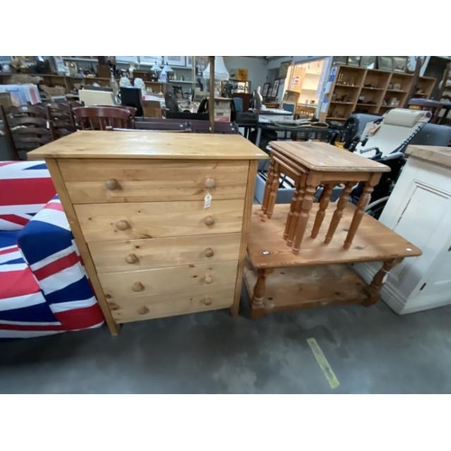 227 - Pine 5 drawer chest (94H 72W 40D cm), pine coffee table (48H 93W 60D cm) & pine nest of 3 tables (42... 