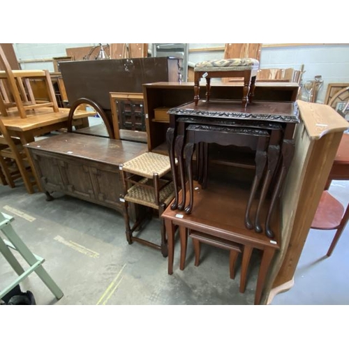 66 - Oak panelled linen box (62H 122W 49D cm), oak bookcase (112H 91W 25D cm), mahogany nest of 3 tables ... 