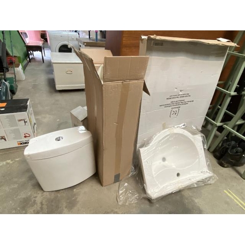 68 - Gloss white basin unit, 2 white cisterns, Mira shower tray, heated towel rail & white basin (all new... 