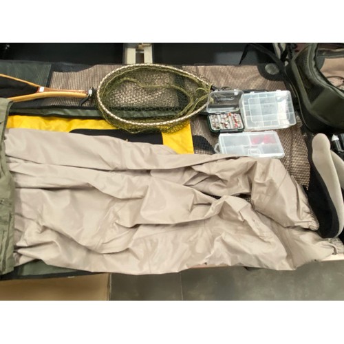 502 - Fly fishing equipment including thigh waders (size  8), stocking foot chest waders (size L), Wychwoo... 