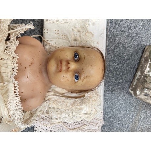 296 - Antique wax child's doll with glass eyes (with age related wear & tear) & vintage fabric doll with c... 