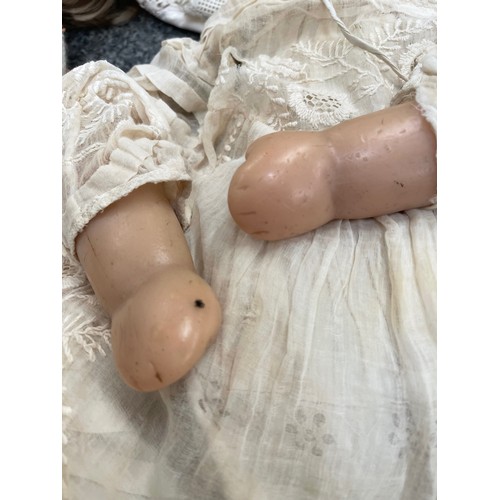 296 - Antique wax child's doll with glass eyes (with age related wear & tear) & vintage fabric doll with c... 