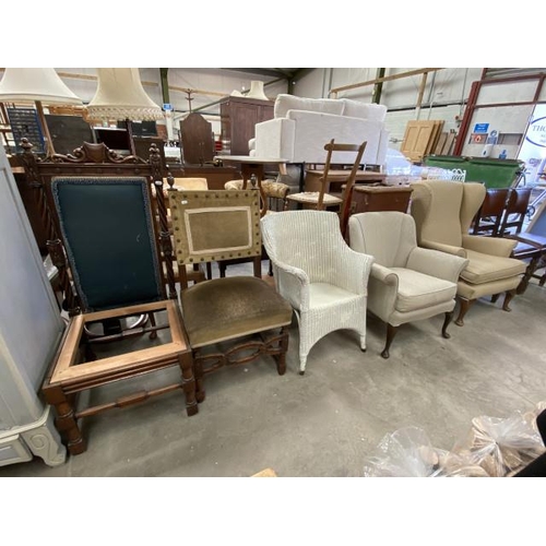 Lloyd Loom style bedroom chair, upholstered ladies tub chair (74W cm), upholstered wing back armchair etc