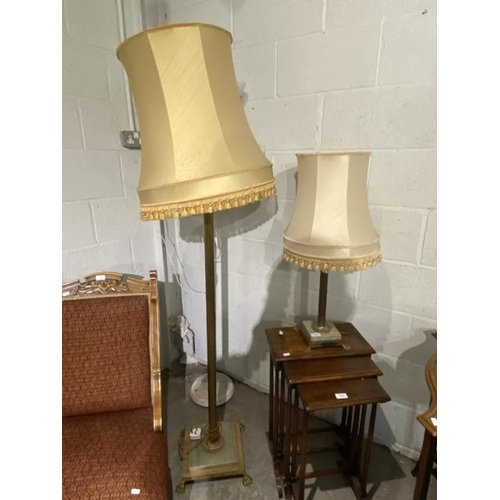 32 - Brass column standard lamp on paw feet & matching table lamp