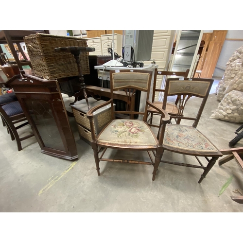 125 - Mahogany corner cupboard (85H 56W 33D cm), mahogany wine table, wicker 2 drawer chest (51H 42W 31D c... 