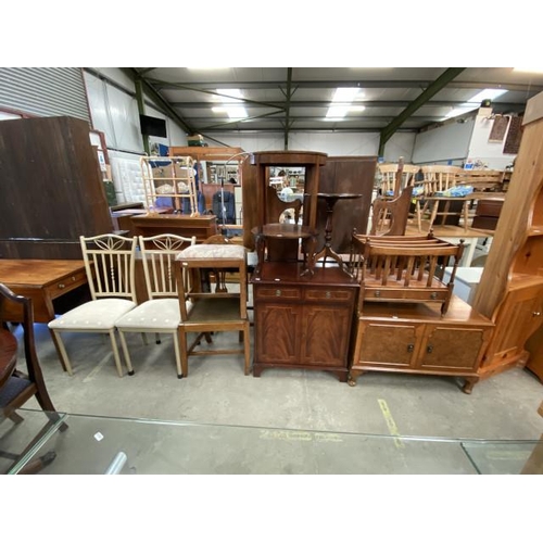 134 - 2 Metal framed kitchen chairs, oak side chair, oak upholstered piano stool, mahogany 2 door sideboar... 