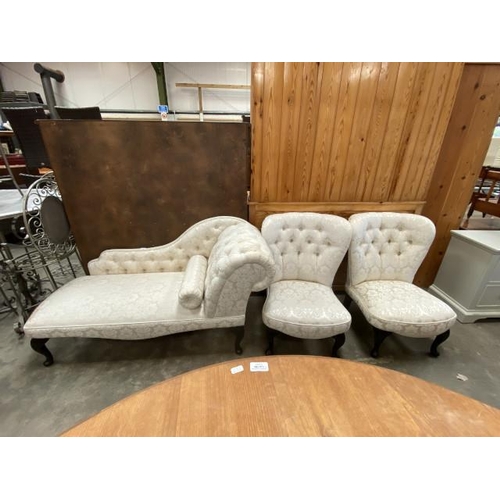 148 - Cream button back chaise longue (142W cm) & 2 button back bedroom chairs (upholstery as found)