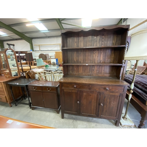 151 - Oak barley twist occasional table (74H 60W 42D cm), mahogany 2 door sideboard (74H 76W 29D cm) & oak... 