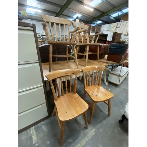 158 - Oak extending dining table (74H 150W 80D cm) & 4 pine chairs inc. 2 carvers