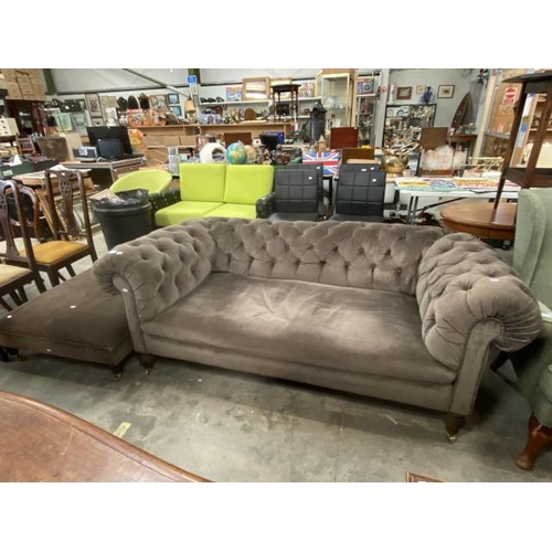 206 - Upholstered antique button back Chesterfield settee (197W cm) & footstool (30H 86W 105D cm)