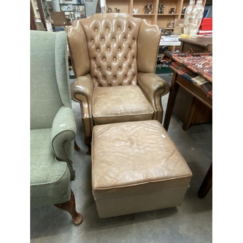 208 - Tan leather button back Chesterfield wing armchair (80W cm) (leather as found) & matching leather bo... 